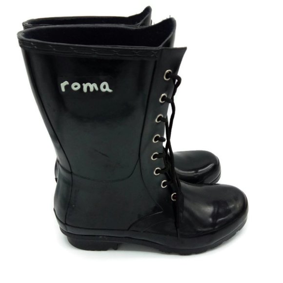 ROMA Black Epaga Lace Up Rain Rubber Combat Boots Sz 8 - Picture 1 of 12